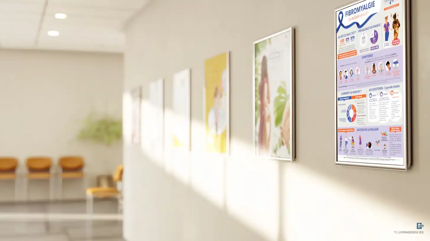 Affiche infographique gratuite sur la fibromyalgie affichée dans une salle d'attente